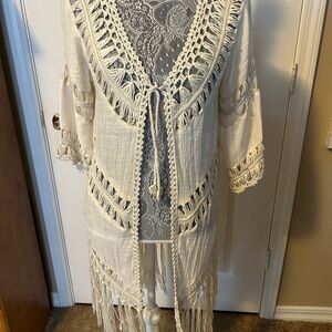 Chic BoHo Fringe Open-Front Cardigan with tie, no brand/size, bust measures 36"